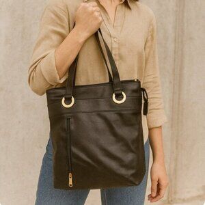 Minimalist Women's Black Faux Leather Shoulder Tote Bag Medium